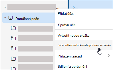 Snímek obrazovky s výběrem Přidat sdílenou složku nebo poštovní schránku