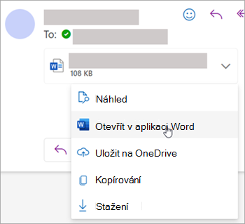 Snímek obrazovky zobrazující rozevírací nabídku pro otevření přílohy v Word