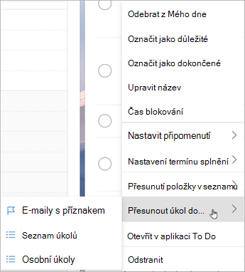 Stiskněte a podržte (nebo klikněte pravým tlačítkem myši) pro přístup do místní nabídky. Vyberte Přesunout úkoly do... a zvolte seznam, do kterého chcete úkol přesunout.