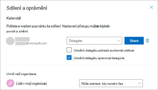 Zaškrtněte políčko Umožnit delegátovi spravovat kategorie