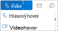 Snímek obrazovky s rozevírací nabídkou hovorů na kartě kontaktu v Outlooku