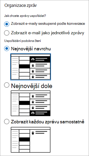 Snímek obrazovky oddílu Nastavení > Rozložení pošty> zobrazující oddíl Organizace zpráv