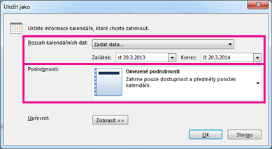 Výběr podrobností při ukládání kaledáře