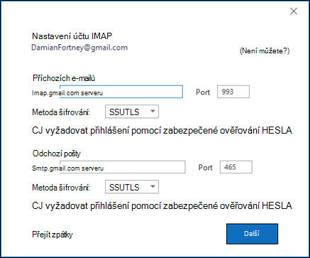 Ověřte nastavení IMAP v Gmailu.