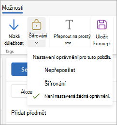 Compose novou zprávu, vyberte Možnosti na pásu karet a pak vyberte Šifrovat. Tím se zobrazí tři možnosti oprávnění pro vaši zprávu.