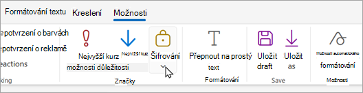 Na panelu nástrojů nové pošty je tlačítko pro šifrování, kde můžete zvolit možnosti šifrování.