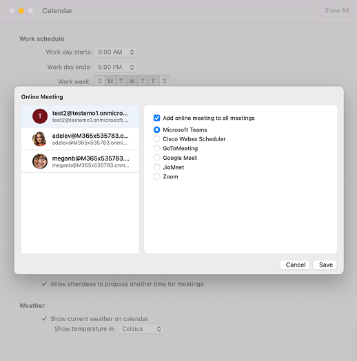 Outlook na Macu – výběr výchozího poskytovatele online schůzek