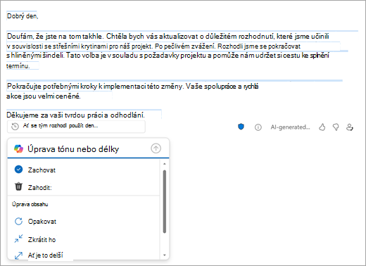Zobrazuje novou outlookovou poštovní stránku s konceptem vytvořeným v Outlooku. Pod konceptem jsou možnosti, jak koncept zachovat, zahodit nebo změnit.