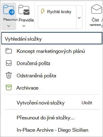 Výběr možnosti Přesunout na pásu karet
