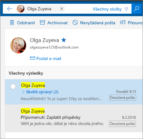 Vyhledání osoby a zobrazení všech jejích e-mailových zpráv