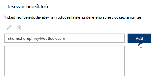 Snímek obrazovky s polem Blokovaných odesílatelů