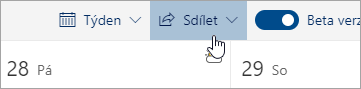 Tlačítko Sdílet a šipka nabídky na panelu nástrojů Calendar