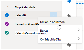 Možnost sdílení a oprávnění pro vybraný Calendar