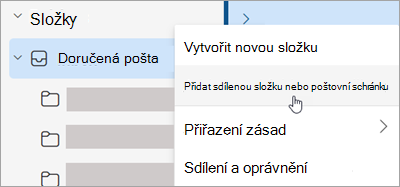 Snímek obrazovky s výběrem Přidat sdílenou složku nebo poštovní schránku