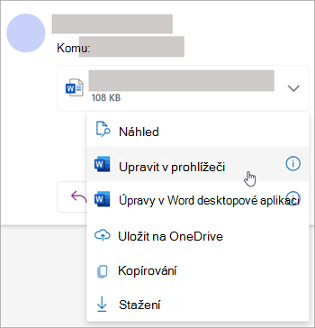 Snímek obrazovky zobrazující rozevírací nabídku příloh s vybranou možností Upravit v prohlížeči
