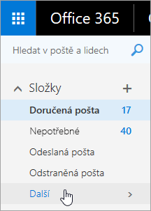 Snímek obrazovky s kurzorem nad tlačítkem Další v navigačním podokně v aplikaci Outlook na webu.