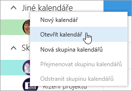 Snímek obrazovky s místní nabídkou pro jiné kalendáře a vybranou možností Otevřít kalendář