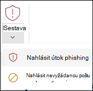 Snímek obrazovky s tlačítkem Nahlásit s vybranou možností Nahlásit phishing na klasickém pásu karet v Outlook na webu.