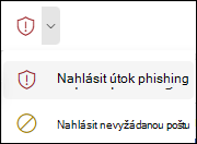 Snímek obrazovky s tlačítkem Nahlásit s vybranou možností Nahlásit phishing na zjednodušeném pásu karet v Outlook na webu.