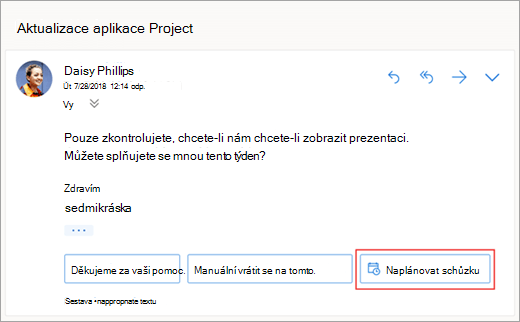 Snímek obrazovky s navrhovanou odpovědí na naplánování schůzky