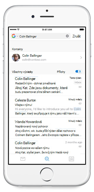Zobrazuje obrazovku mobilního zařízení s oddílem Vyhledávání nahoře a oddílem Soubory dole.