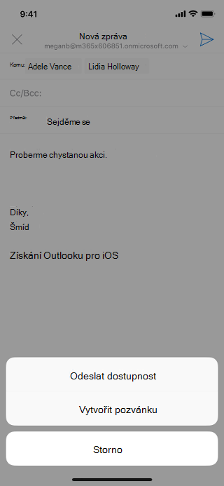 Zobrazuje obrazovku iOS s šedým konceptem e-mailu a &kvótou; Odeslat dostupnost&kvótu; pod konceptem.