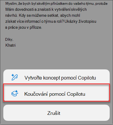 Možnost nabídky pro Koučování Copilotem v Outlooku pro mobilní zařízení