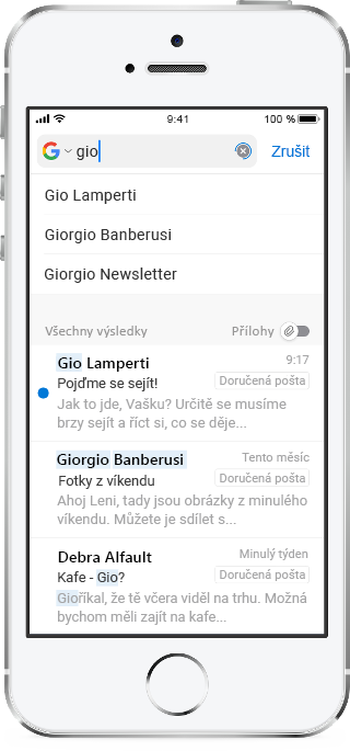 Zobrazí se obrazovka mobilního zařízení s několika písmeny napsanými do vyhledávacího pole a návrhy pod ním.