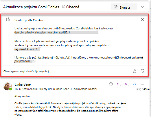 Shrnutí e-mailového vlákna s citacemi vytvořené Copilotem.