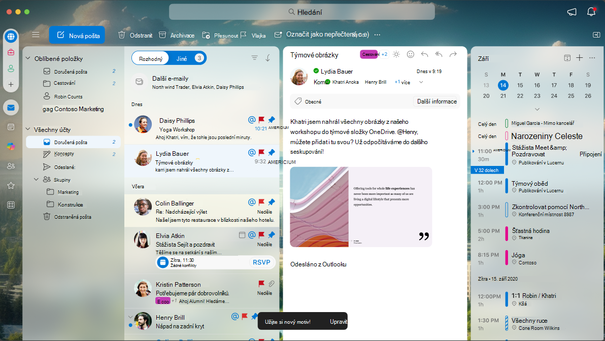 Obrazovka znázorňující vzhled motivu použitého v aplikaci Outlook pro Mac