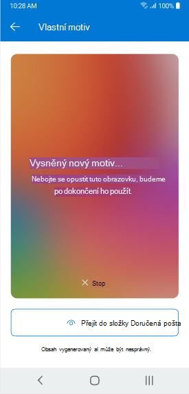 Obrazovka zobrazující motiv od Copilota generující v Outlooku Mobile