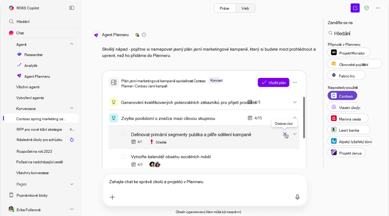 Snímek obrazovky, který ukazuje agenta Planneru, jak upravuje návrh AI v režimu konceptu.