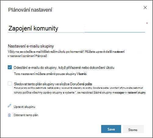 Snímek obrazovky: Zobrazení nastavení Odeslání e-mailu skupině plánů... Pro nastavení plánu