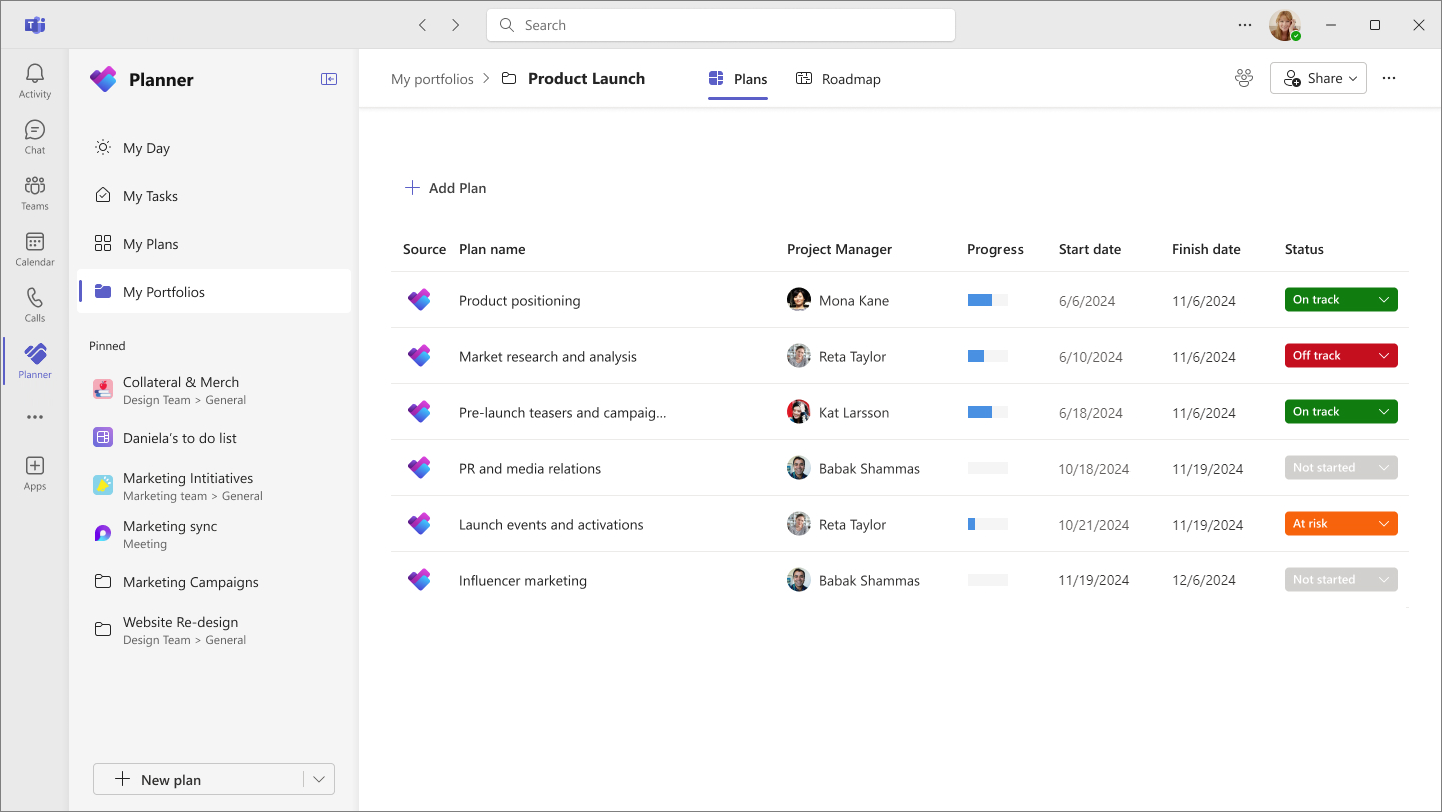 Snímek obrazovky Planneru v Teams se seznamem plánů přidaných do nového portfolia