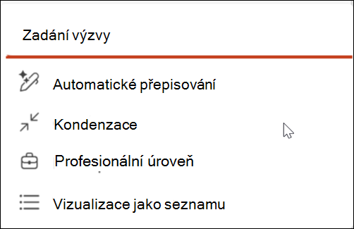 Snímek obrazovky s ikonou pera pro automatické přepisování