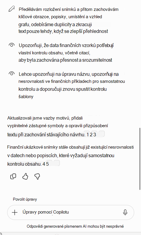 Snímek obrazovky se souhrnem Copilotových oprav šablony, které provedl.