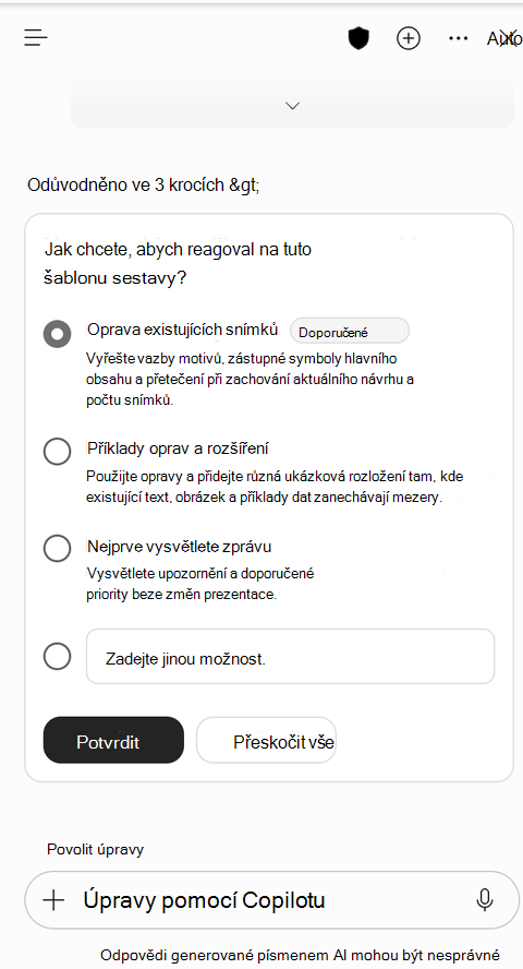 Snímek obrazovky Copilotu, který se ptá, jak postupovat se sestavou šablony, a je vybraná možnost Opravit existující snímky.