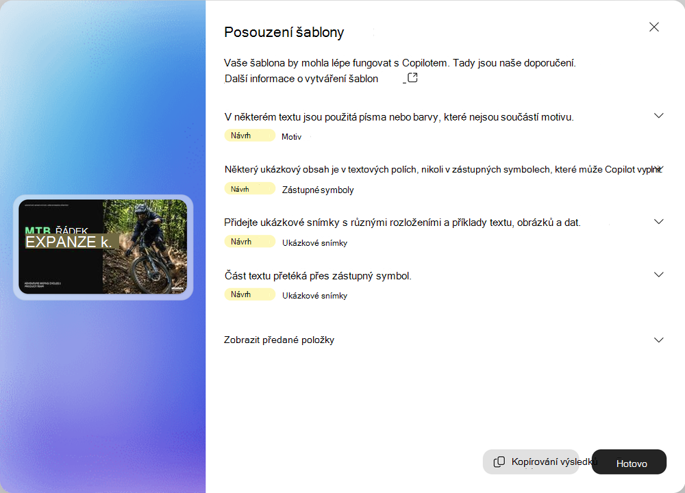 Snímek obrazovky s výsledky testu šablony s tlačítkem Kopírovat výsledky