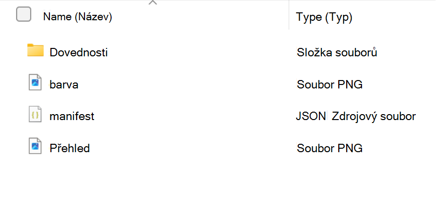 Snímek obrazovky, který ukazuje obsah složky balíčku dovedností: složky dovedností a souborů color.png, manifest.json a outline.png.