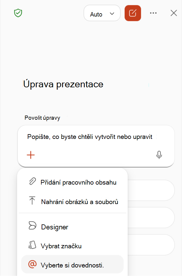 Snímek obrazovky, který ukazuje výběr možnosti Zvolit dovednosti z nabídky plus v podokně Copilotu.