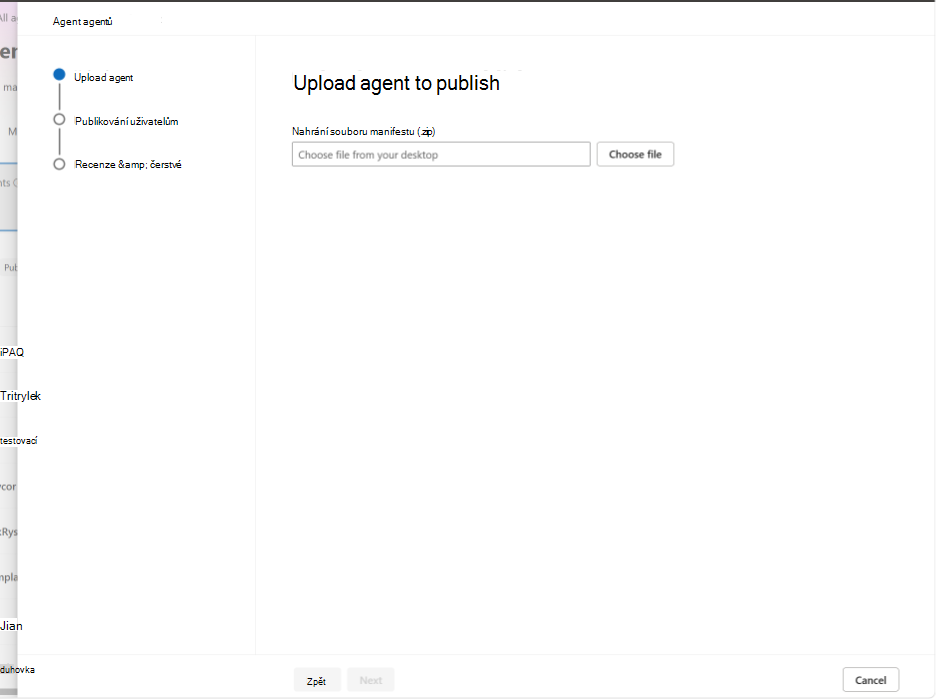 Snímek obrazovky, který ukazuje nahrání balíčku dovedností na stránce Upload agent to publish (Nahrát agenta pro publikování).