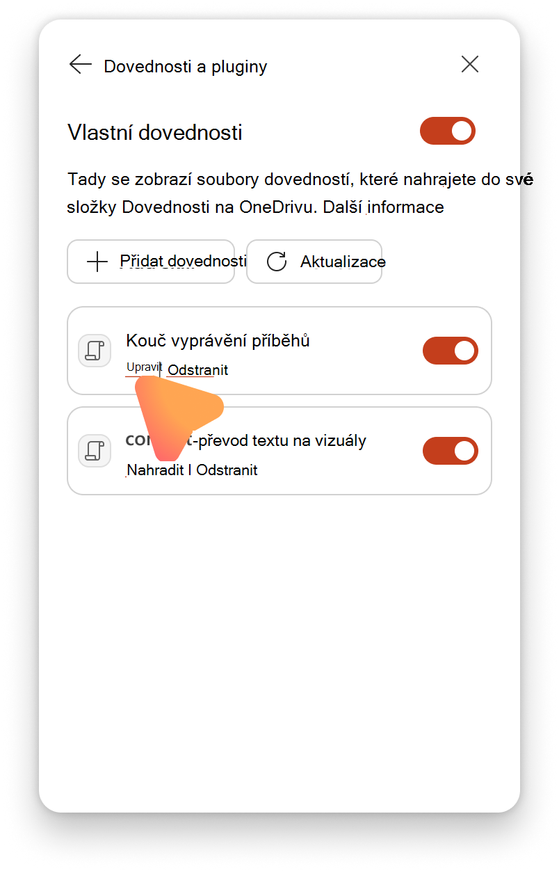 Snímek obrazovky, který znázorňuje úpravy a odstraňování dovedností v podokně správy dovedností Copilota v PowerPointu.