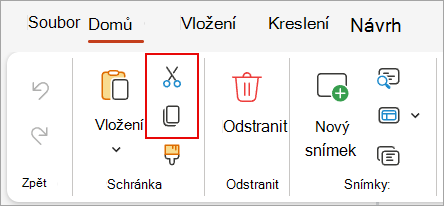 Snímek obrazovky znázorňující skupinu Schránka s příkazy Vyjmout a Kopírovat