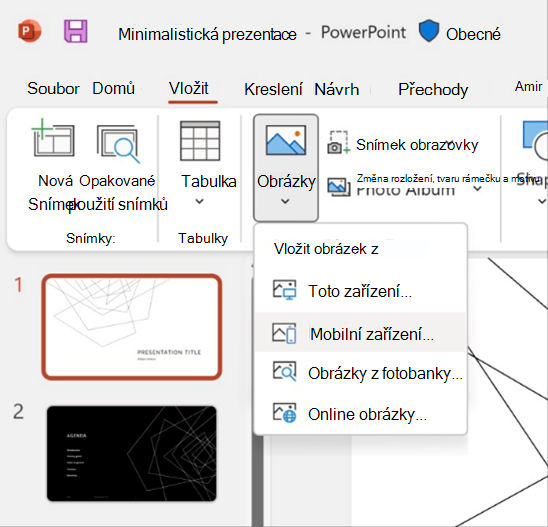 Snímek obrazovky s vložením obrázku z funkce mobilního zařízení v PowerPointu.