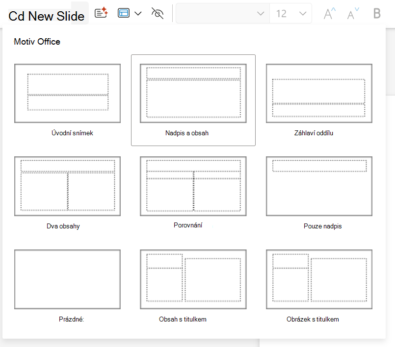 Rozevírací nabídka Nový snímek na kartě Domů v aplikaci PowerPoint pro web