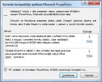 Výstraha nástroje Kontrola kompatibility