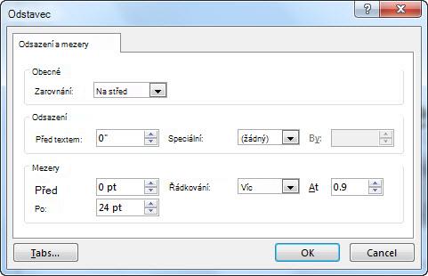 Dialogové okno Odstavec v PowerPointu