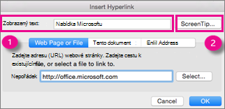 Dialog pro vložení hypertextového odkazu v Office pro Mac