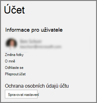 Panel Účet zobrazující ochranu osobních údajů účtu, tlačítko Spravovat nastavení
