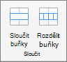 Snímek obrazovky ukazuje skupinu sloučení, která je k dispozici na kartě Rozložení tabulky, s možnostmi Sloučit buňky a Rozdělit buňky.